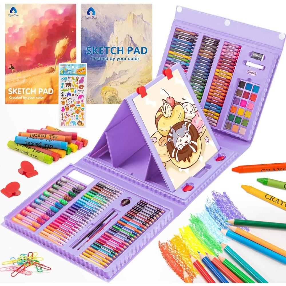 imageVigorFun Art Supplies 240Piece Drawing Art Kit Gifts for Kids Girls Boys Teens Art Set Crafts Case with Double Sided Trifold Easel Includes Sketch Pads Crayons Colored Pencils PinkPurple
