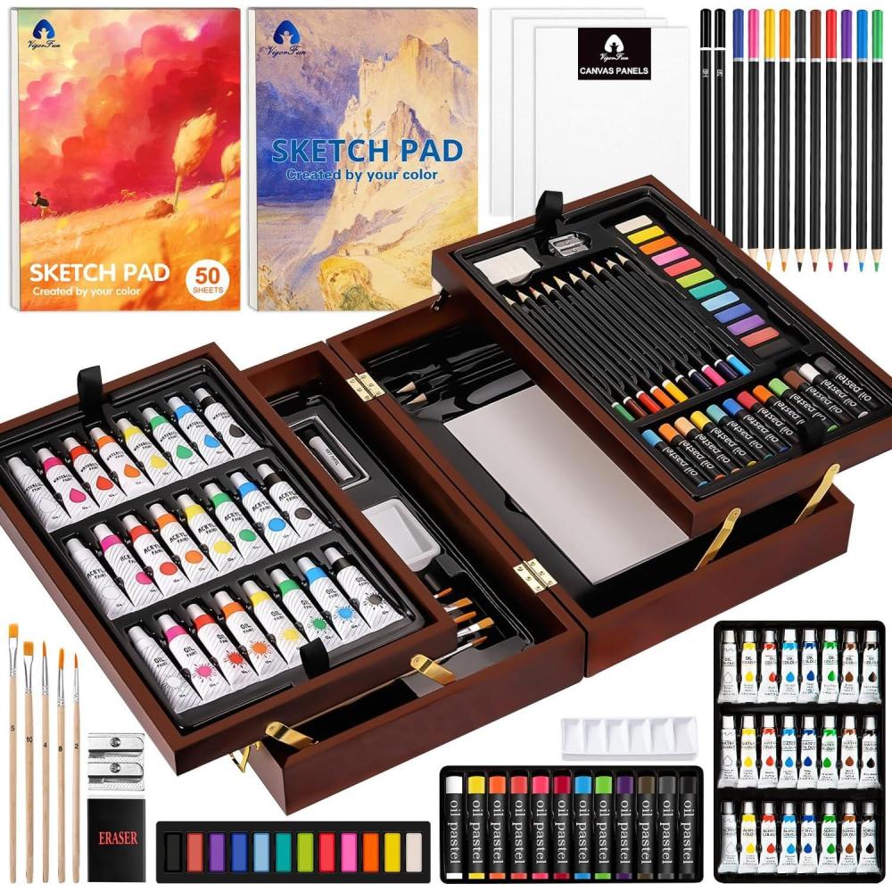 imageVigorFun Art Supplies Deluxe Wooden Art Set Crafts Drawing Painting Kit with 2 Sketch Pads Oil Pastels Acrylic Watercolor Paints Creative Gifts Box for Adults Artist Kids Teens GirlsBrown