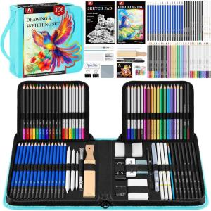 image106 PCS Art Supplies Sketching Kit Pro Drawing Pencils with 3Color Sketchbook Coloring Book Colored Graphite Charcoal Watercolor ampamp Metallic Pencils Drawing Supplies Gifts for Artists Adults KidsGreen