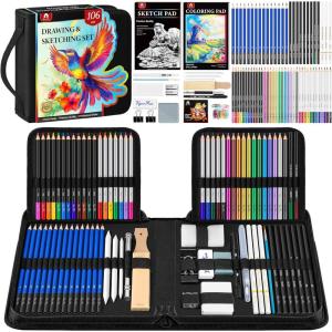 image106 PCS Art Supplies Sketching Kit Pro Drawing Pencils with 3Color Sketchbook Coloring Book Colored Graphite Charcoal Watercolor ampamp Metallic Pencils Drawing Supplies Gifts for Artists Adults KidsBlack