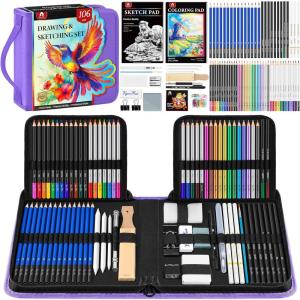 image106 PCS Art Supplies Sketching Kit Pro Drawing Pencils with 3Color Sketchbook Coloring Book Colored Graphite Charcoal Watercolor ampamp Metallic Pencils Drawing Supplies Gifts for Artists Adults KidsPurple