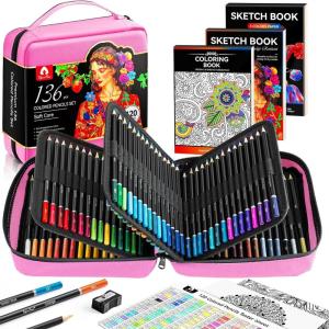 image136 PCS Colored Pencils Set for Adult Coloring Books 120 Colored Pencils with Sketchbook Coloring Book Sharpener Soft Core Sketching Drawing Pencils Art Supplies for Adults Artists BlackPink