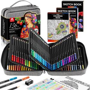 image136 PCS Colored Pencils Set for Adult Coloring Books 120 Colored Pencils with Sketchbook Coloring Book Sharpener Soft Core Sketching Drawing Pencils Art Supplies for Adults Artists BlackGrey