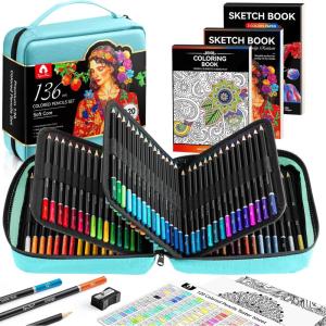 image136 PCS Colored Pencils Set for Adult Coloring Books 120 Colored Pencils with Sketchbook Coloring Book Sharpener Soft Core Sketching Drawing Pencils Art Supplies for Adults Artists BlackGreen