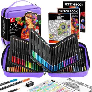 image136 PCS Colored Pencils Set for Adult Coloring Books 120 Colored Pencils with Sketchbook Coloring Book Sharpener Soft Core Sketching Drawing Pencils Art Supplies for Adults Artists BlackPurple