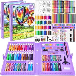 image2 Pack Art Kit Vigorfun Drawing Painting Art Supplies for Kids Girls Boys Teens Gifts Art Set Case Includes Oil Pastels Crayons Colored Pencils Watercolor Cakes BlackPurple
