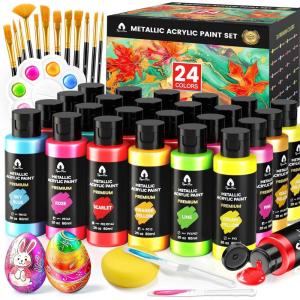 image40 Pcs Iridescent Acrylic Paint Set with 12 Brushes 2 Knives ampamp Palette 24 Colors 2oz60ml  for Adults Kids Artists ampamp Beginners  Canvas Ceramic Rock Wood Egg Painting KitMetallic