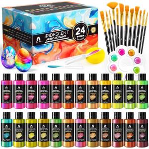 image40 Pcs Iridescent Acrylic Paint Set with 12 Brushes 2 Knives ampamp Palette 24 Colors 2oz60ml  for Adults Kids Artists ampamp Beginners  Canvas Ceramic Rock Wood Egg Painting KitIridescent