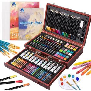 imageArt Supplies 185Piece Super Deluxe Wooden Art Set Crafts Drawing Kit with 2 Sketch Pads Crayons Oil Pastels Colored Pencils Watercolor Cakes Creative Gift for Teens Beginners Girls BoysDoubleTray