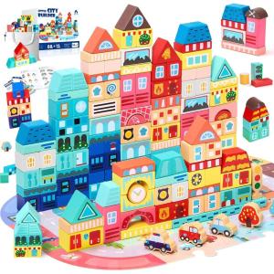 imageVigorFun 100 PCS Wooden Building Blocks Set  City Builder Stacking Toy with Storage Bag Montessori Preschool Toys for Kids Toddlers Birthday Gifts Ages 3Patterned Blocks