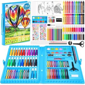 imageVigorFun Art Kit Drawing Painting Art Supplies for Kids Girls Boys Teens Gifts Art Set Case Includes Oil Pastels Crayons Colored Pencils Watercolor Cakes BlueBlue
