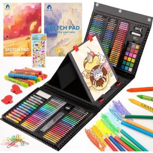imageVigorFun Art Supplies 240Piece Drawing Art Kit Gifts for Kids Girls Boys Teens Art Set Crafts Case with Double Sided Trifold Easel Includes Sketch Pads Crayons Colored Pencils PinkBlack