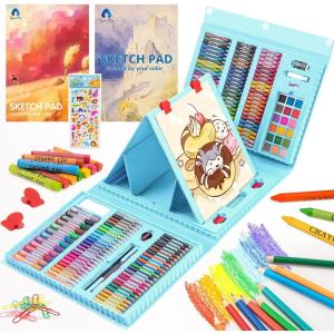 imageVigorFun Art Supplies 240Piece Drawing Art Kit Gifts for Kids Girls Boys Teens Art Set Crafts Case with Double Sided Trifold Easel Includes Sketch Pads Crayons Colored Pencils PinkCyan