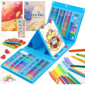 imageVigorFun Art Supplies 240Piece Drawing Art Kit Gifts for Kids Girls Boys Teens Art Set Crafts Case with Double Sided Trifold Easel Includes Sketch Pads Crayons Colored Pencils PinkBlue