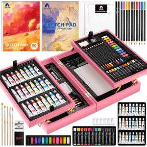 imageVigorFun Art Supplies Deluxe Wooden Art Set Crafts Drawing Painting Kit with 2 Sketch Pads Oil Pastels Acrylic Watercolor Paints Creative Gifts Box for Adults Artist Kids Teens GirlsPink