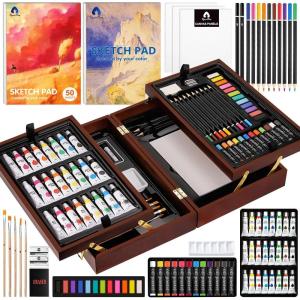 imageVigorFun Art Supplies Deluxe Wooden Art Set Crafts Drawing Painting Kit with 2 Sketch Pads Oil Pastels Acrylic Watercolor Paints Creative Gifts Box for Adults Artist Kids Teens GirlsBrown
