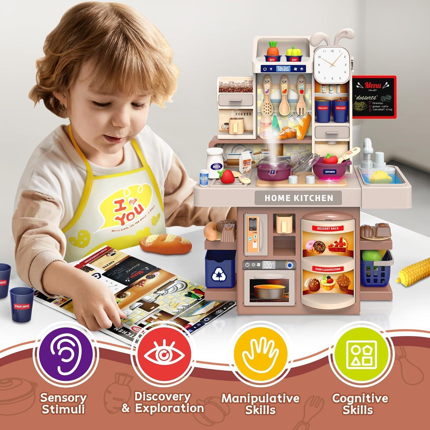 imageMini Kids Kitchen Playset with Apron Play Kitchen Toy with Realistic Steam and Lights Play Sink and Toy Kitchen Accessories Pretend Play Gift for Toddlers 35 Boys Girls Greywith Apron