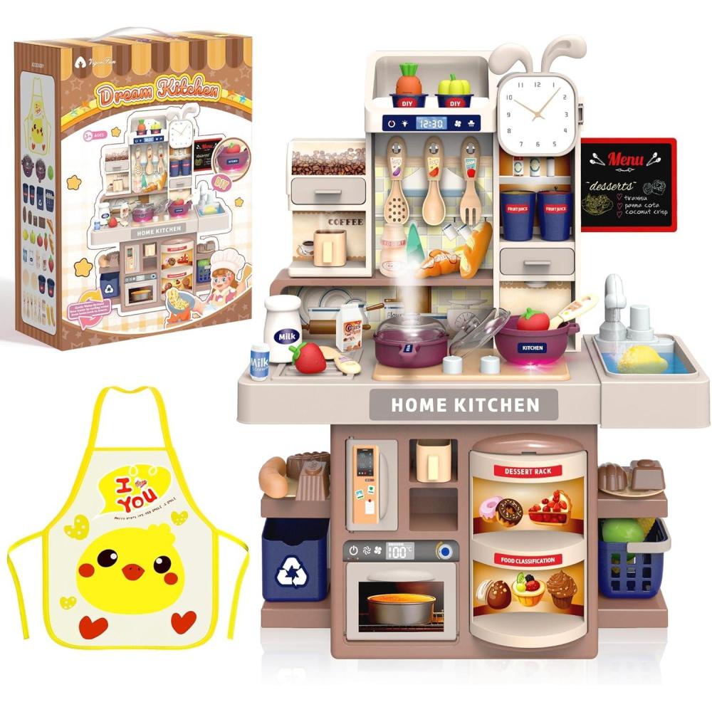 imageMini Kids Kitchen Playset with Apron Play Kitchen Toy with Realistic Steam and Lights Play Sink and Toy Kitchen Accessories Pretend Play Gift for Toddlers 35 Boys Girls Greywith Apron