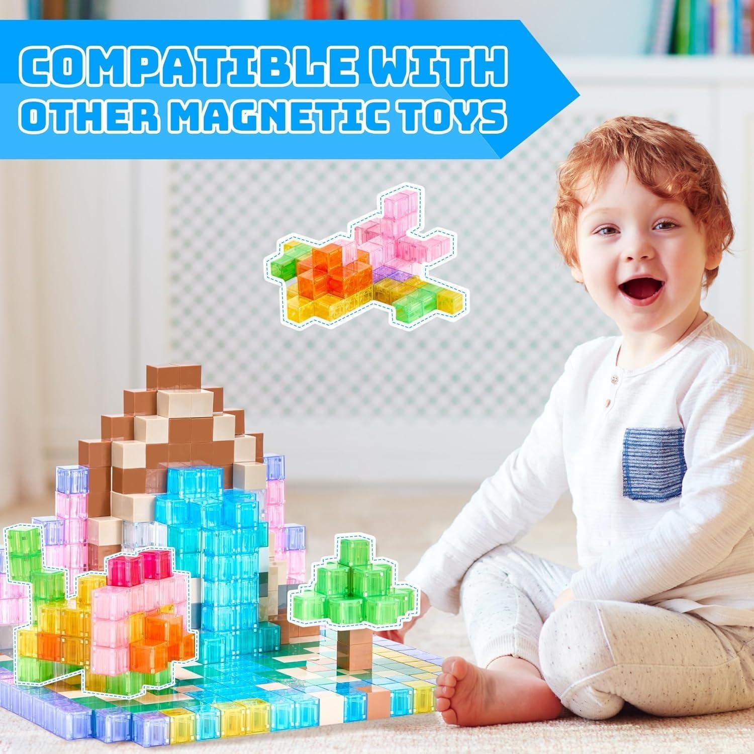 imageMagnetic Blocks Set Magnet Building Blocks with Toy Figurine and Storage Bag for Kids Gifts STEM Educational Preschool Sensory Toys for Toddlers Boys Girls Ages 312TransparentTransparent