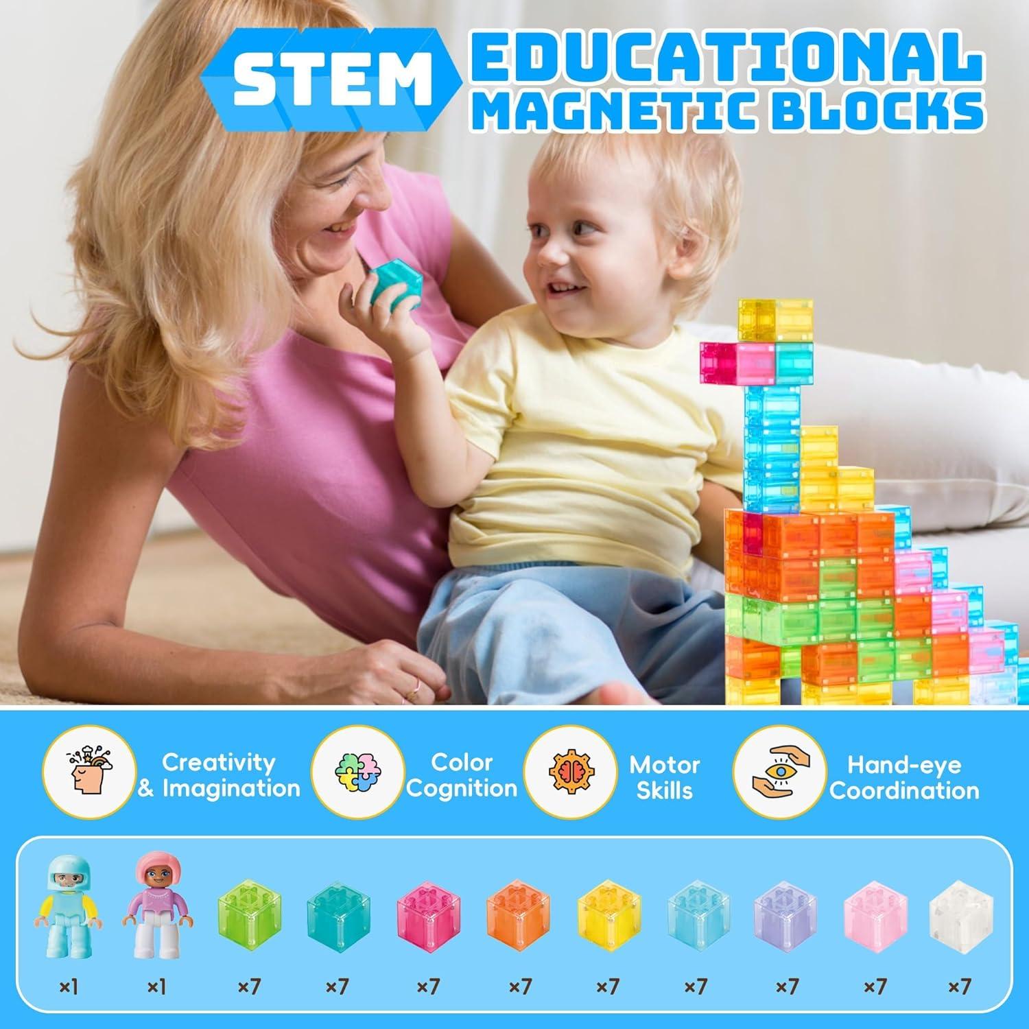 imageMagnetic Blocks Set Magnet Building Blocks with Toy Figurine and Storage Bag for Kids Gifts STEM Educational Preschool Sensory Toys for Toddlers Boys Girls Ages 312TransparentTransparent