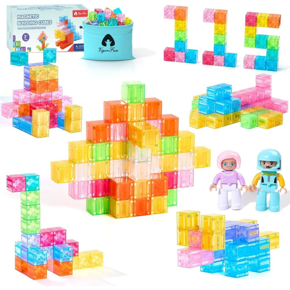 imageMagnetic Blocks Set Magnet Building Blocks with Toy Figurine and Storage Bag for Kids Gifts STEM Educational Preschool Sensory Toys for Toddlers Boys Girls Ages 312TransparentTransparent