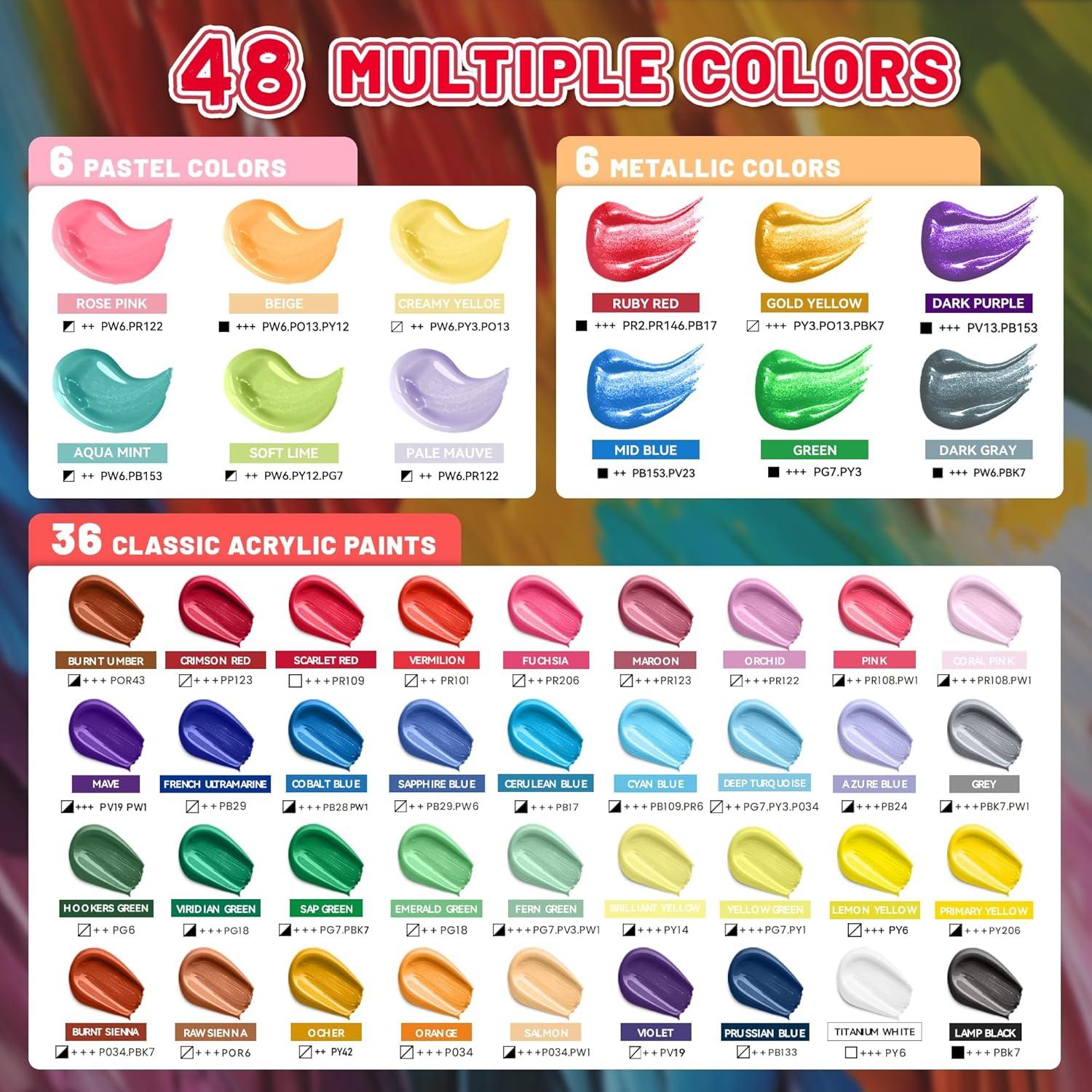 image40 Pcs Classic ampamp Metallic ampamp Pastel Acrylic Paint Set with 12 Brushes 2 Knives ampamp Palette 24 Colors 2oz60ml  for Adults Kids Artists ampamp Beginners  Arts and Crafts Painting KitMixed