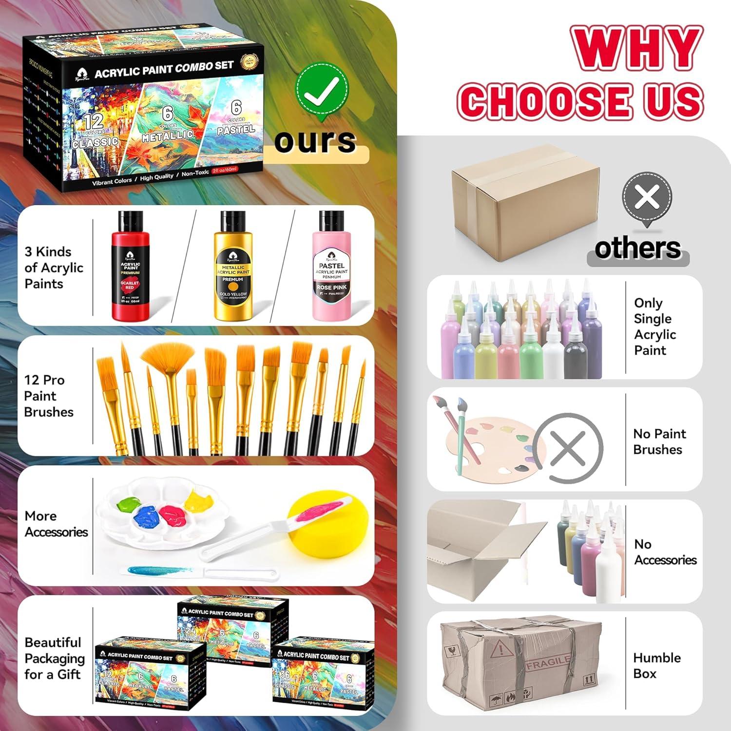 image40 Pcs Classic ampamp Metallic ampamp Pastel Acrylic Paint Set with 12 Brushes 2 Knives ampamp Palette 24 Colors 2oz60ml  for Adults Kids Artists ampamp Beginners  Arts and Crafts Painting KitMixed