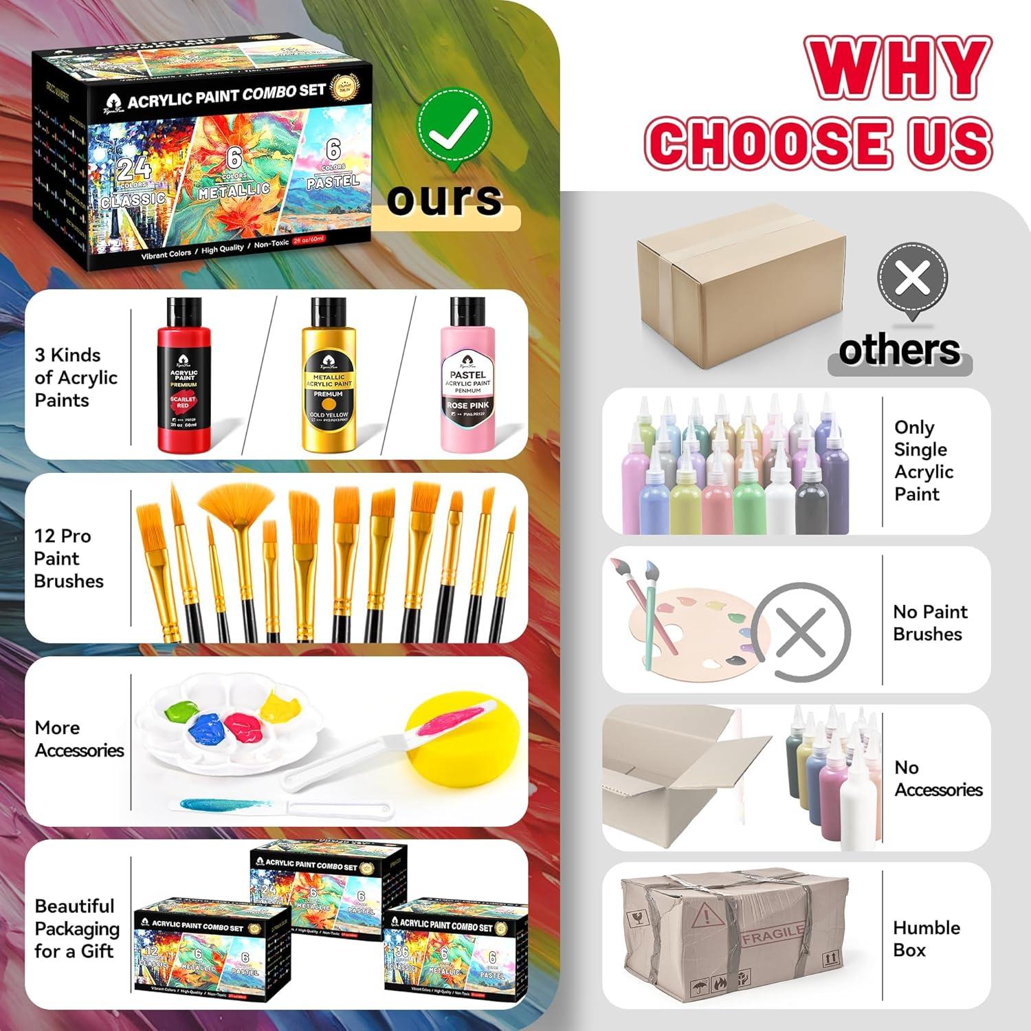 image40 Pcs Classic ampamp Metallic ampamp Pastel Acrylic Paint Set with 12 Brushes 2 Knives ampamp Palette 24 Colors 2oz60ml  for Adults Kids Artists ampamp Beginners  Arts and Crafts Painting KitMixed