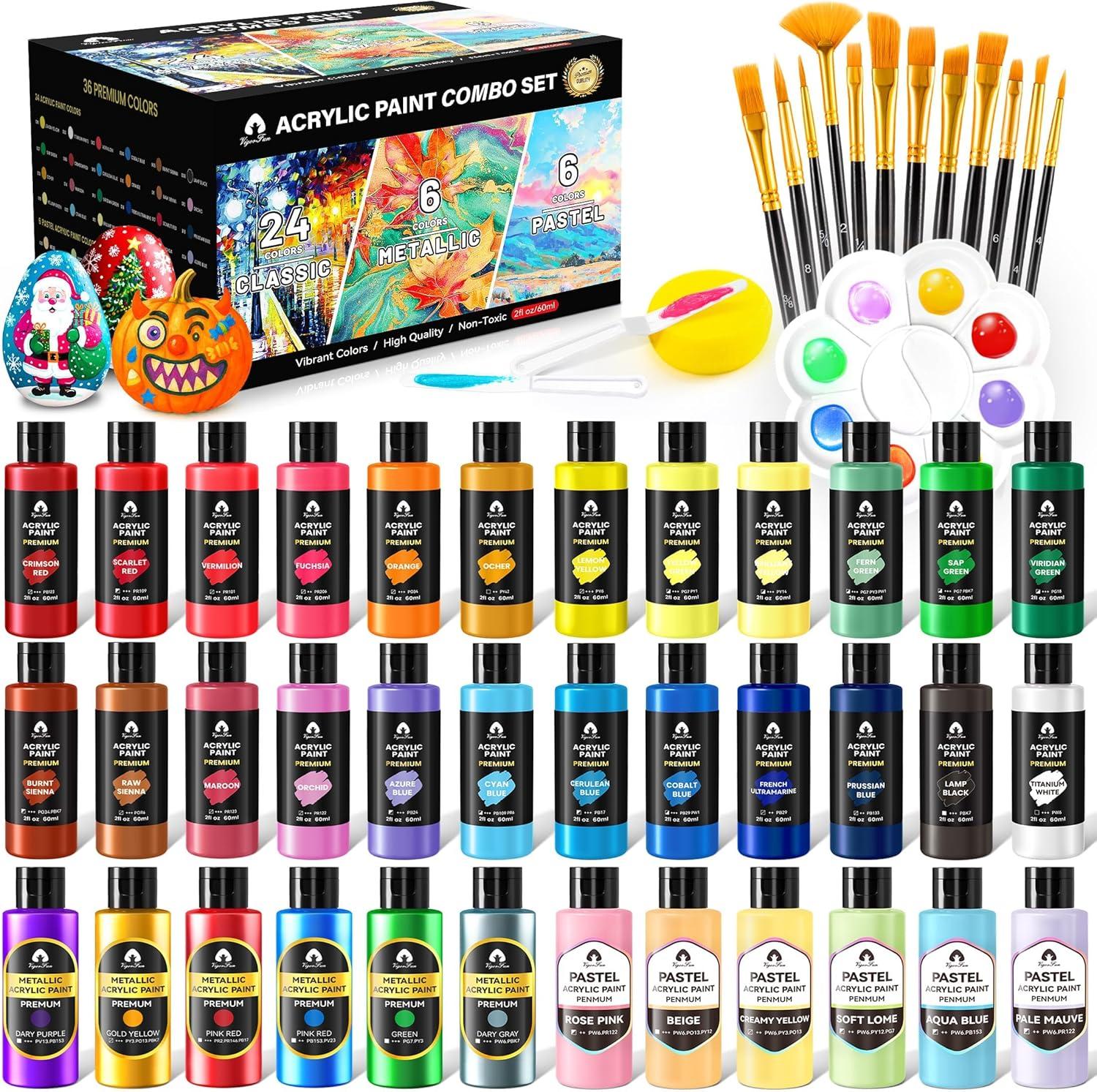 image40 Pcs Classic ampamp Metallic ampamp Pastel Acrylic Paint Set with 12 Brushes 2 Knives ampamp Palette 24 Colors 2oz60ml  for Adults Kids Artists ampamp Beginners  Arts and Crafts Painting KitMixed