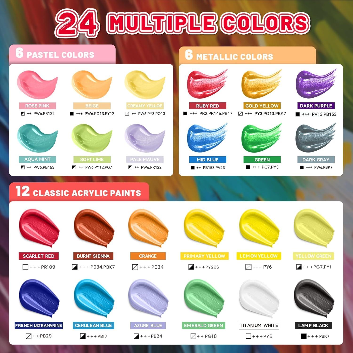 image40 Pcs Classic ampamp Metallic ampamp Pastel Acrylic Paint Set with 12 Brushes 2 Knives ampamp Palette 24 Colors 2oz60ml  for Adults Kids Artists ampamp Beginners  Arts and Crafts Painting KitMixed