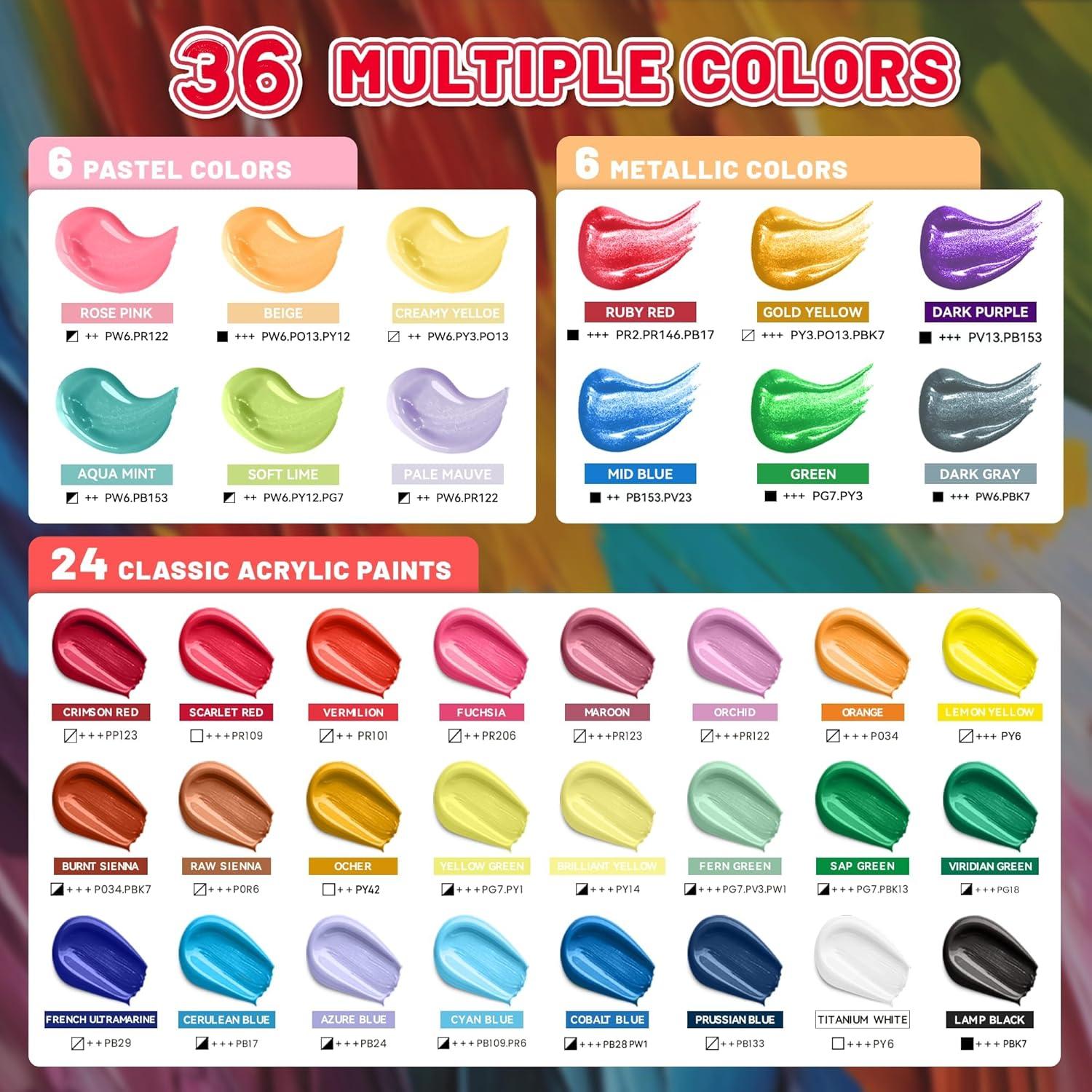 image40 Pcs Classic ampamp Metallic ampamp Pastel Acrylic Paint Set with 12 Brushes 2 Knives ampamp Palette 24 Colors 2oz60ml  for Adults Kids Artists ampamp Beginners  Arts and Crafts Painting KitMixed
