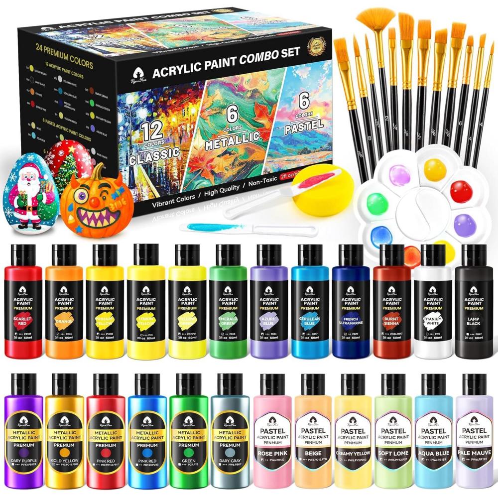 image40 Pcs Classic ampamp Metallic ampamp Pastel Acrylic Paint Set with 12 Brushes 2 Knives ampamp Palette 24 Colors 2oz60ml  for Adults Kids Artists ampamp Beginners  Arts and Crafts Painting KitMixed