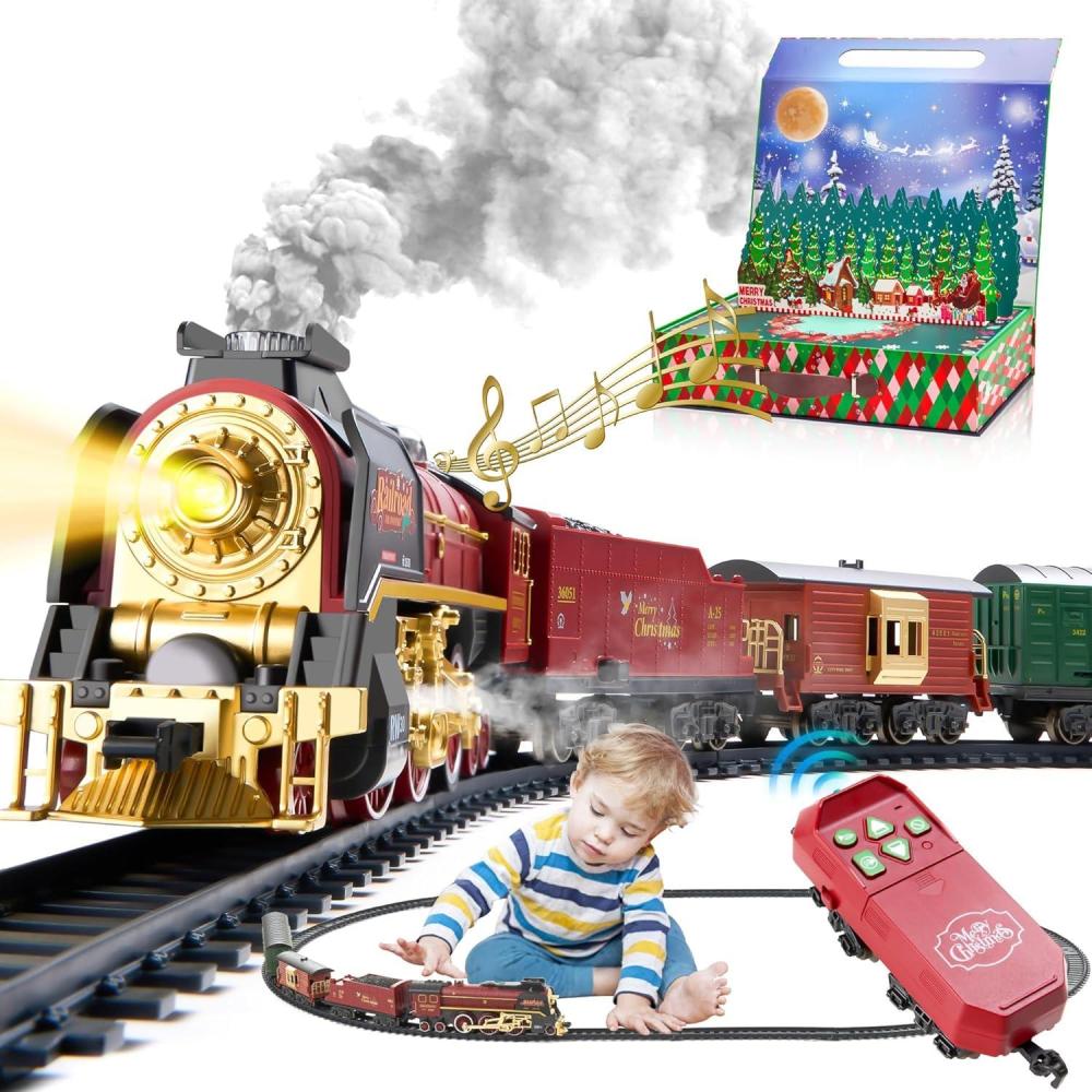 imageTrain Set with Gift Case and Remote Control Train Toys with Smoke Light and Sound Christmas Train Sets for Around The Tree Toy Train Set for 3 4 5 6 7 8 Years Old Boys Toddlers Gifts
