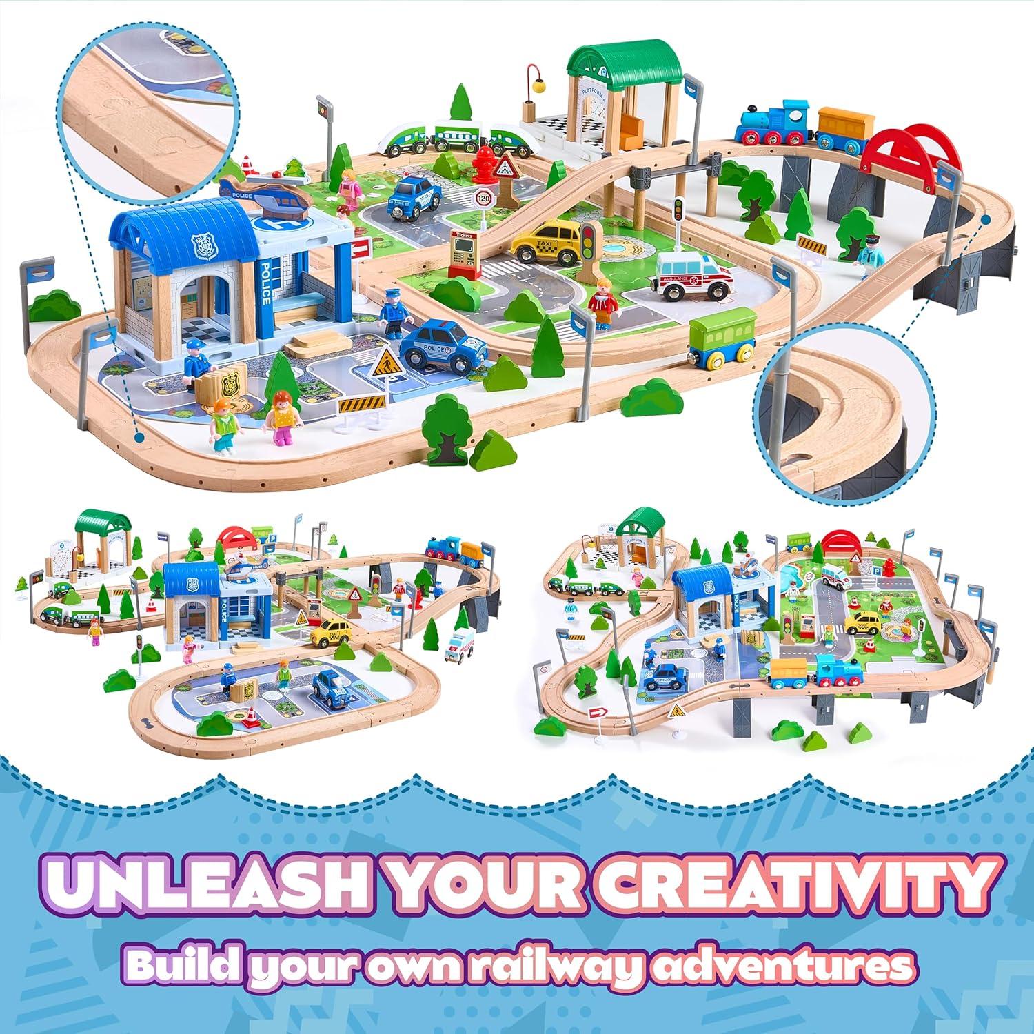 image172Pcs Wooden Train Set for Toddlers Wooden Train Track  Expandable and Changeable Safe Educational Train Toys Gift for Boys ampamp Girls Kids Ages 35 48 Compatible with All Major Brands