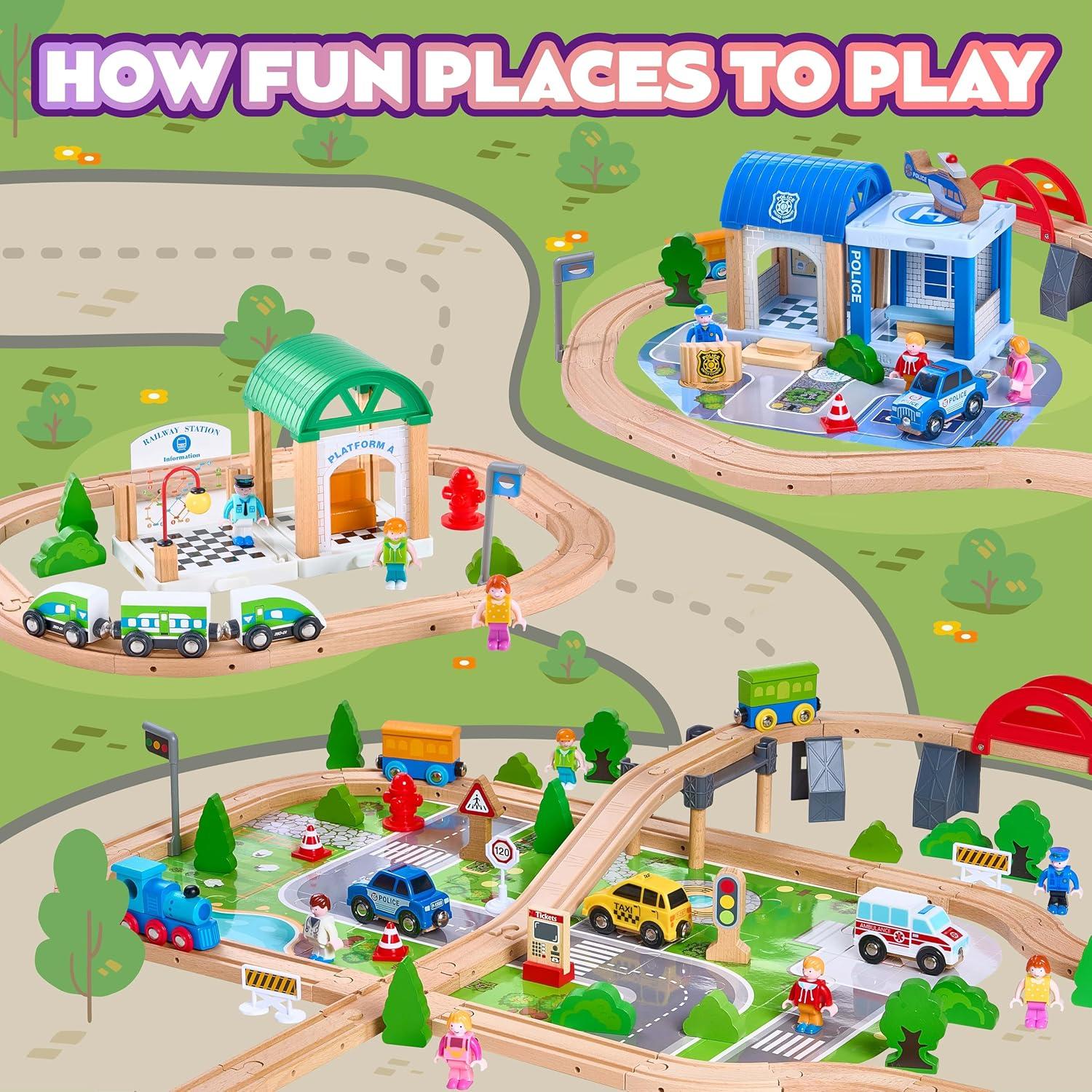 image172Pcs Wooden Train Set for Toddlers Wooden Train Track  Expandable and Changeable Safe Educational Train Toys Gift for Boys ampamp Girls Kids Ages 35 48 Compatible with All Major Brands