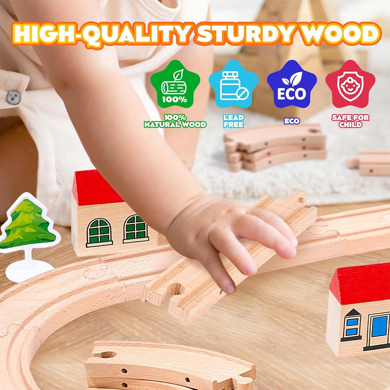 image47Pcs Wooden Train Set for Toddlers Wooden Train Track  Expandable and Changeable Safe Educational Train Toys Gift for Boys ampamp Girls Kids Ages 35 48 Compatible with All Major Brands
