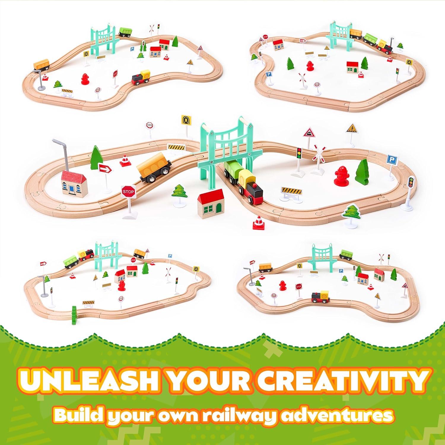 image47Pcs Wooden Train Set for Toddlers Wooden Train Track  Expandable and Changeable Safe Educational Train Toys Gift for Boys ampamp Girls Kids Ages 35 48 Compatible with All Major Brands