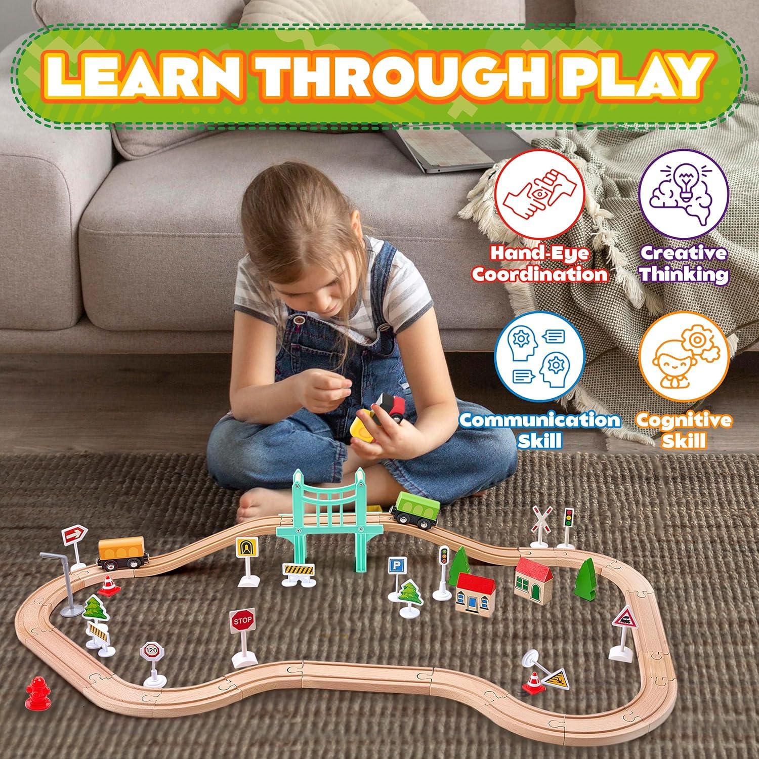 image47Pcs Wooden Train Set for Toddlers Wooden Train Track  Expandable and Changeable Safe Educational Train Toys Gift for Boys ampamp Girls Kids Ages 35 48 Compatible with All Major Brands