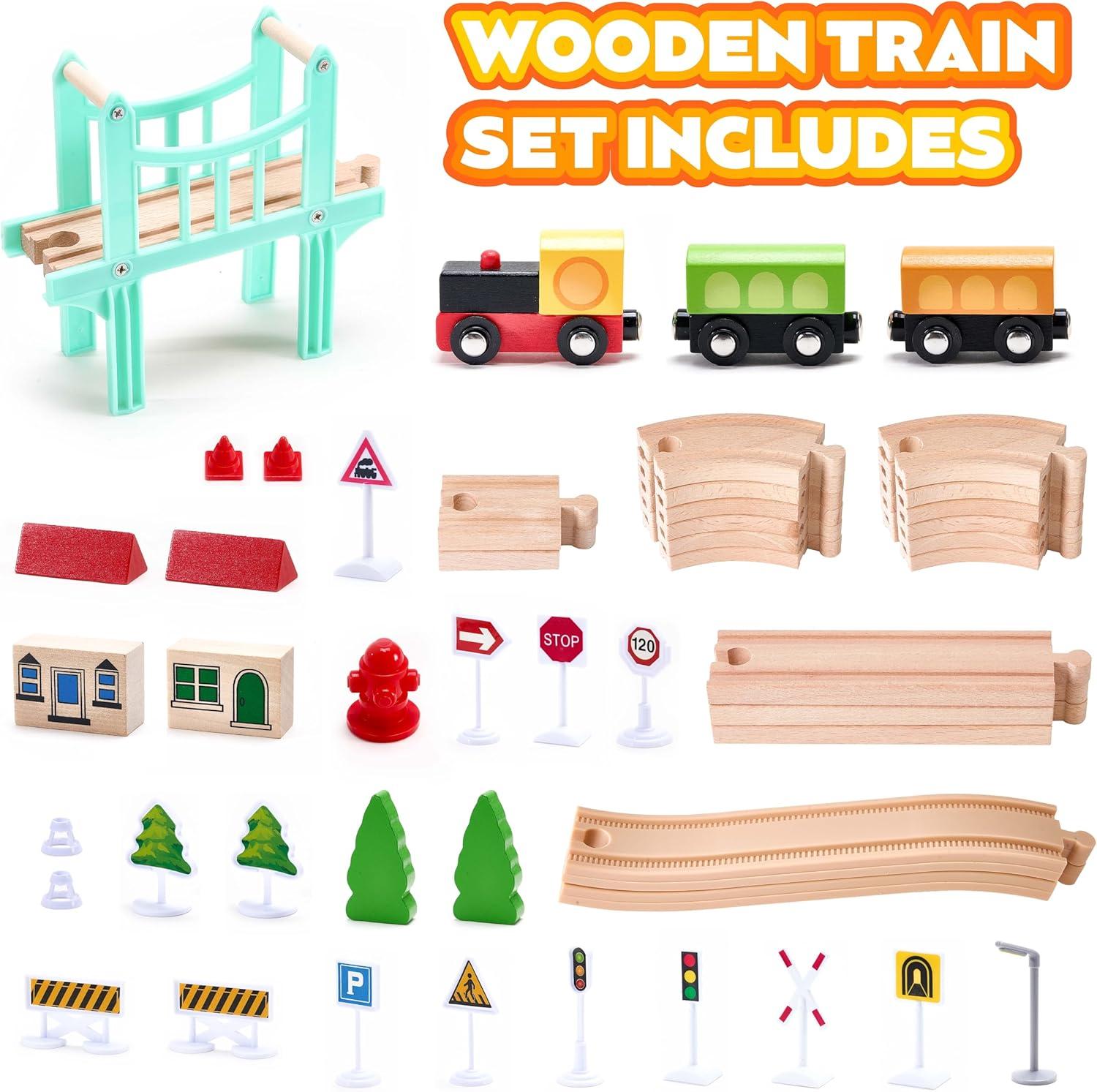 image47Pcs Wooden Train Set for Toddlers Wooden Train Track  Expandable and Changeable Safe Educational Train Toys Gift for Boys ampamp Girls Kids Ages 35 48 Compatible with All Major Brands