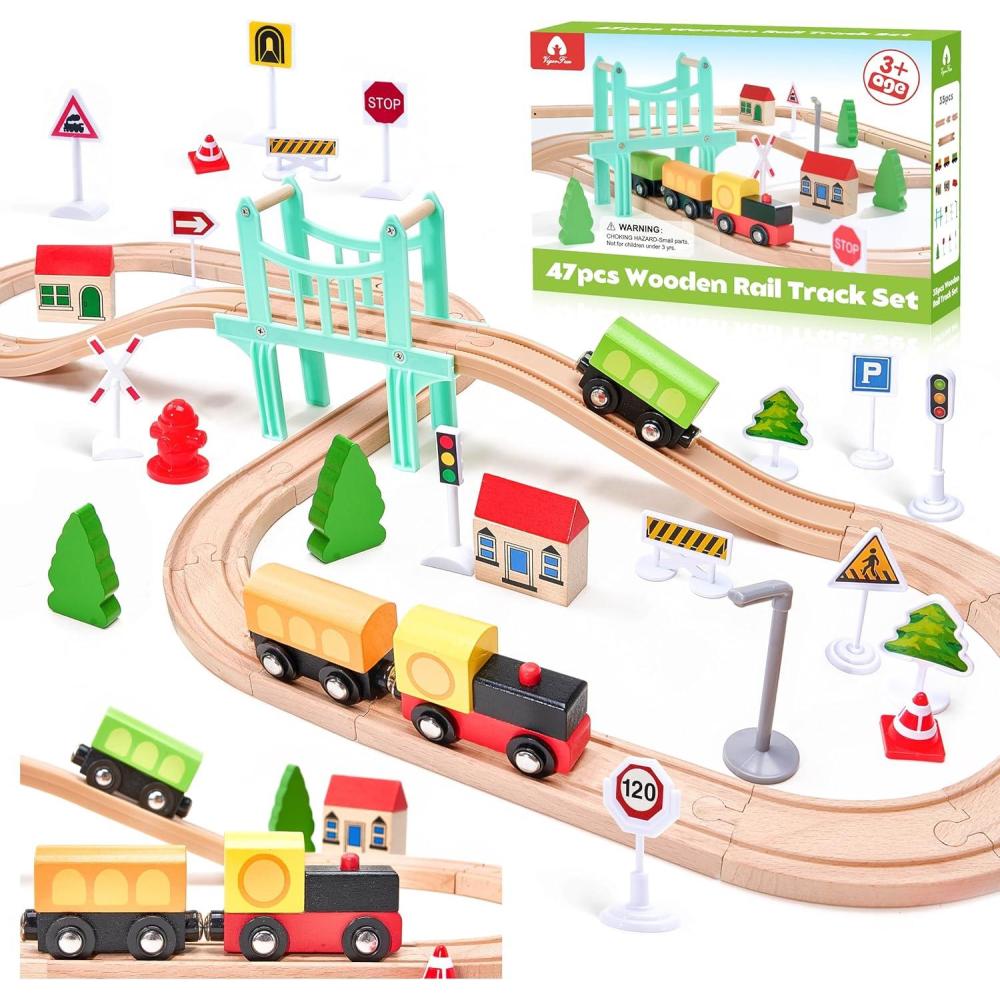 image47Pcs Wooden Train Set for Toddlers Wooden Train Track  Expandable and Changeable Safe Educational Train Toys Gift for Boys ampamp Girls Kids Ages 35 48 Compatible with All Major Brands