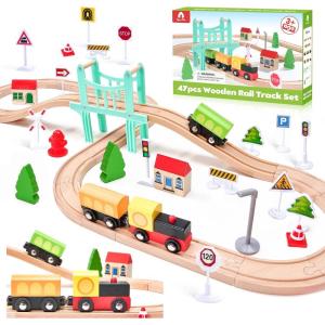 image47Pcs Wooden Train Set for Toddlers Wooden Train Track  Expandable and Changeable Safe Educational Train Toys Gift for Boys ampamp Girls Kids Ages 35 48 Compatible with All Major Brands