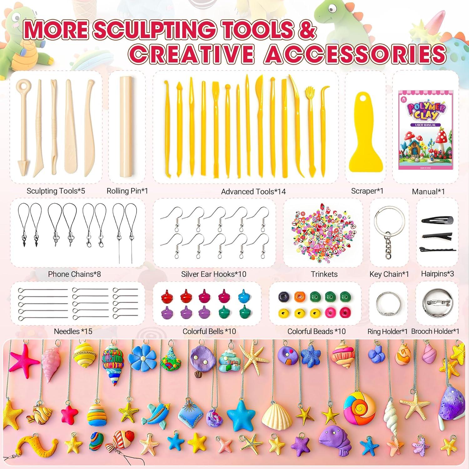 image139 PCS Polymer Clay Kit with Sculpting Tools and Accessories 58 Colors NonToxic Modeling Clay for Kids DIY Oven Bake Clay Arts and Crafts Gift Set for Kids Adults and Beginners