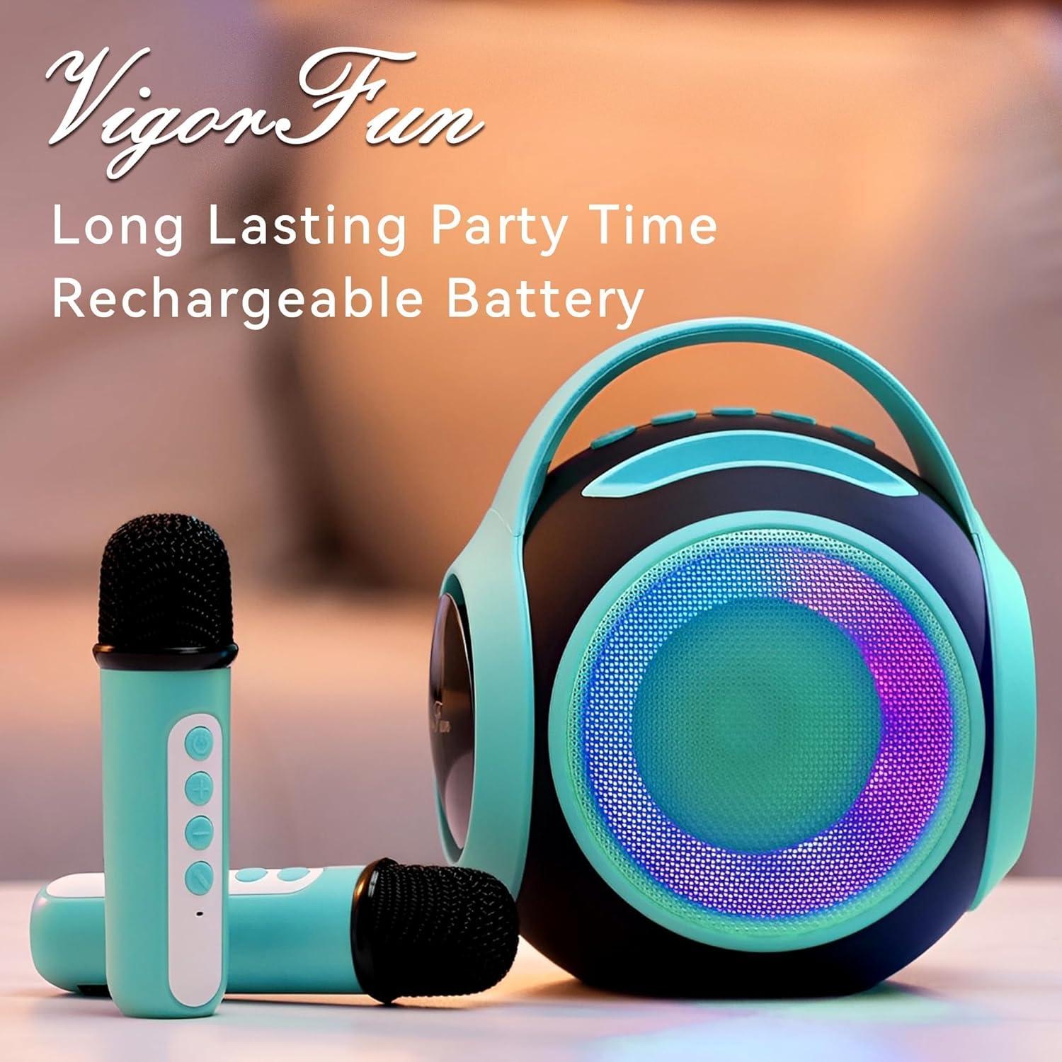 imageAll Rounder Karaoke Machine for Kids Teens Portable Bluetooth Karaoke Speaker with Two Mics Voice Changer Light Effect Bass Tremolo Supports USBTFAUX for Home Party Gifts Toys for Girls BlueGreen