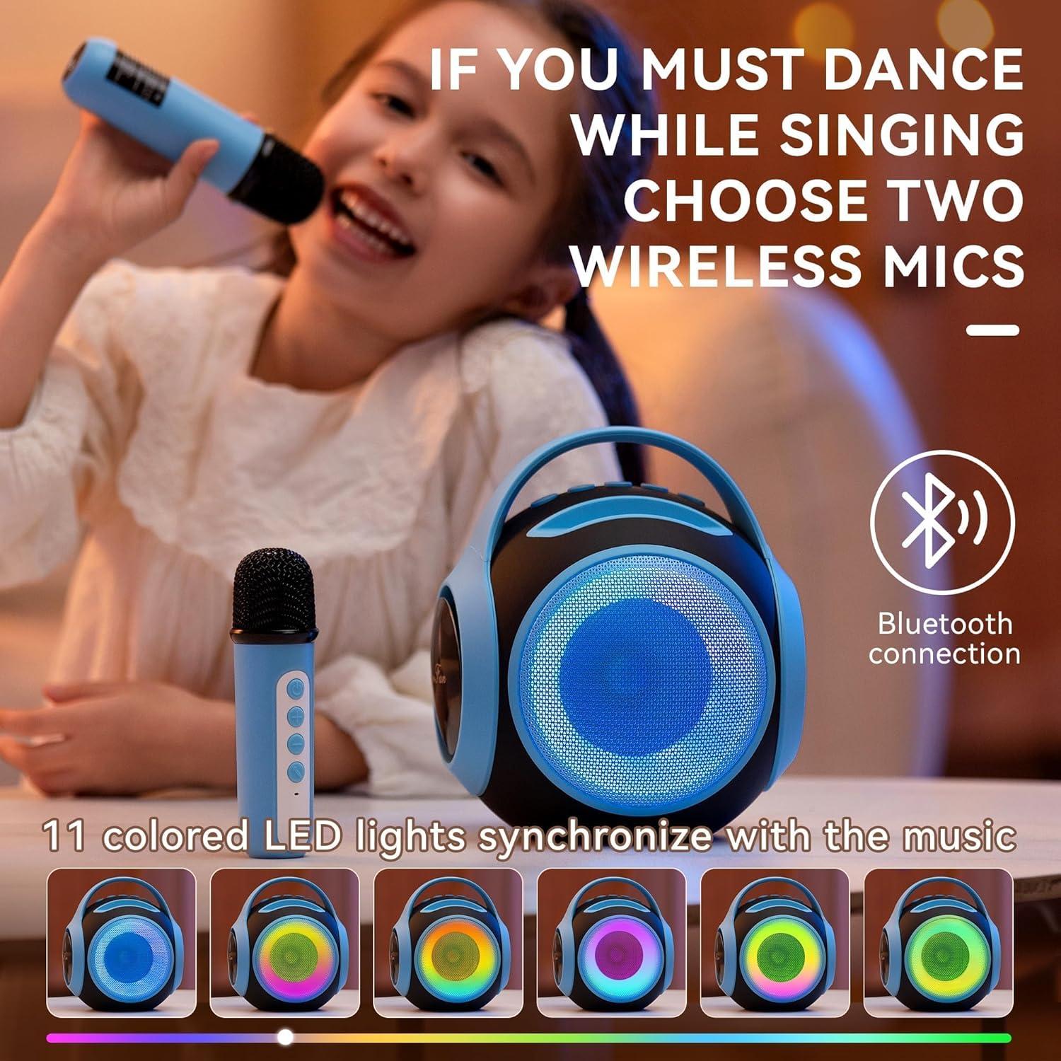 imageAll Rounder Karaoke Machine for Kids Teens Portable Bluetooth Karaoke Speaker with Two Mics Voice Changer Light Effect Bass Tremolo Supports USBTFAUX for Home Party Gifts Toys for Girls BlueBlue