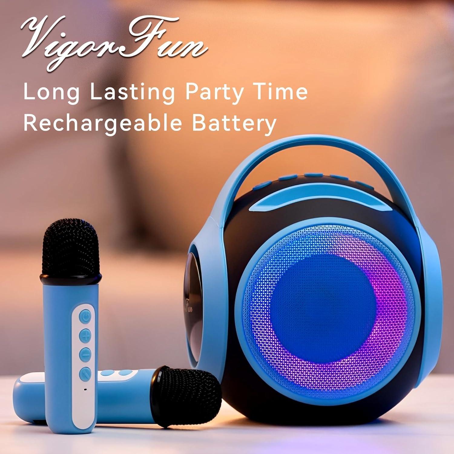 imageAll Rounder Karaoke Machine for Kids Teens Portable Bluetooth Karaoke Speaker with Two Mics Voice Changer Light Effect Bass Tremolo Supports USBTFAUX for Home Party Gifts Toys for Girls BlueBlue