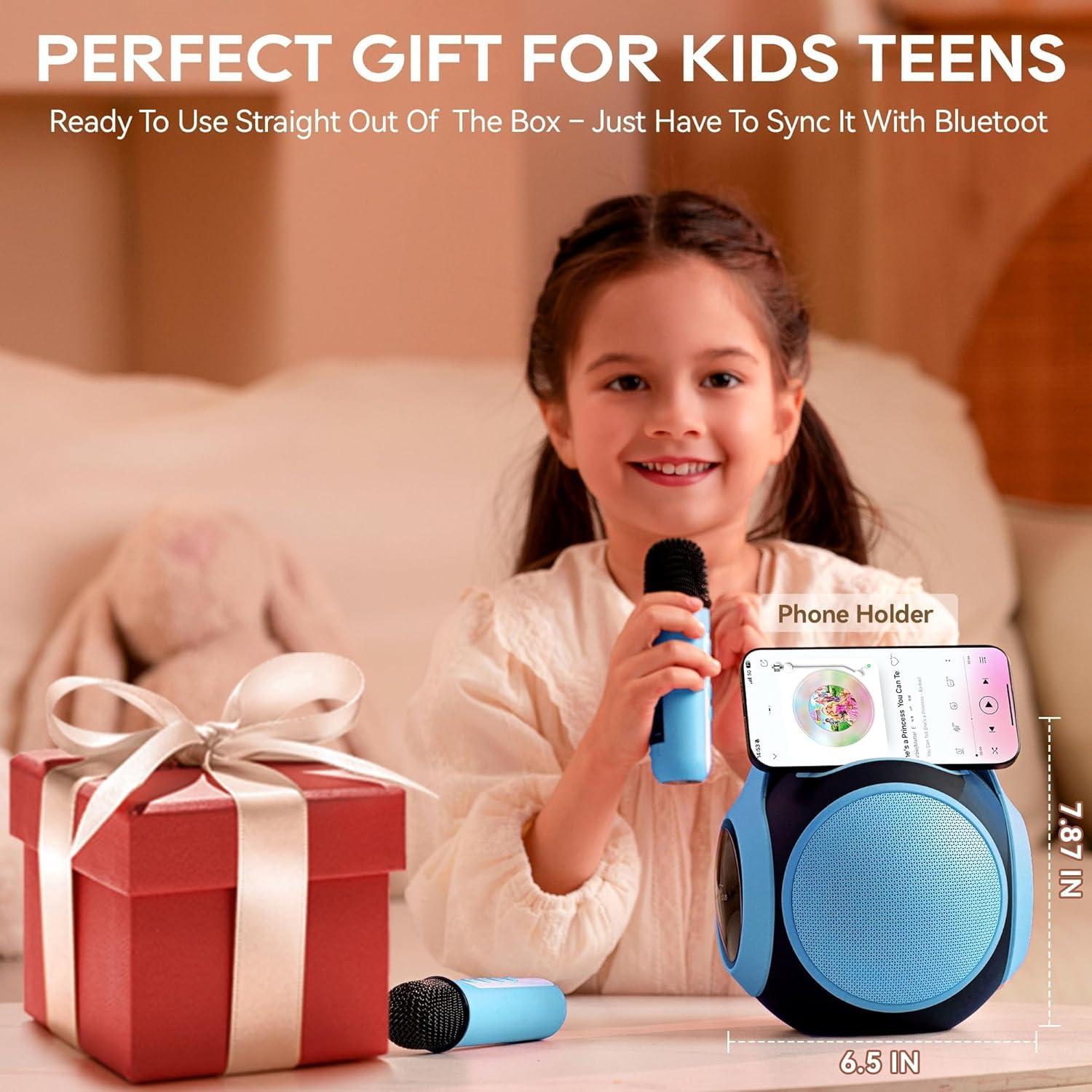 imageAll Rounder Karaoke Machine for Kids Teens Portable Bluetooth Karaoke Speaker with Two Mics Voice Changer Light Effect Bass Tremolo Supports USBTFAUX for Home Party Gifts Toys for Girls BlueBlue