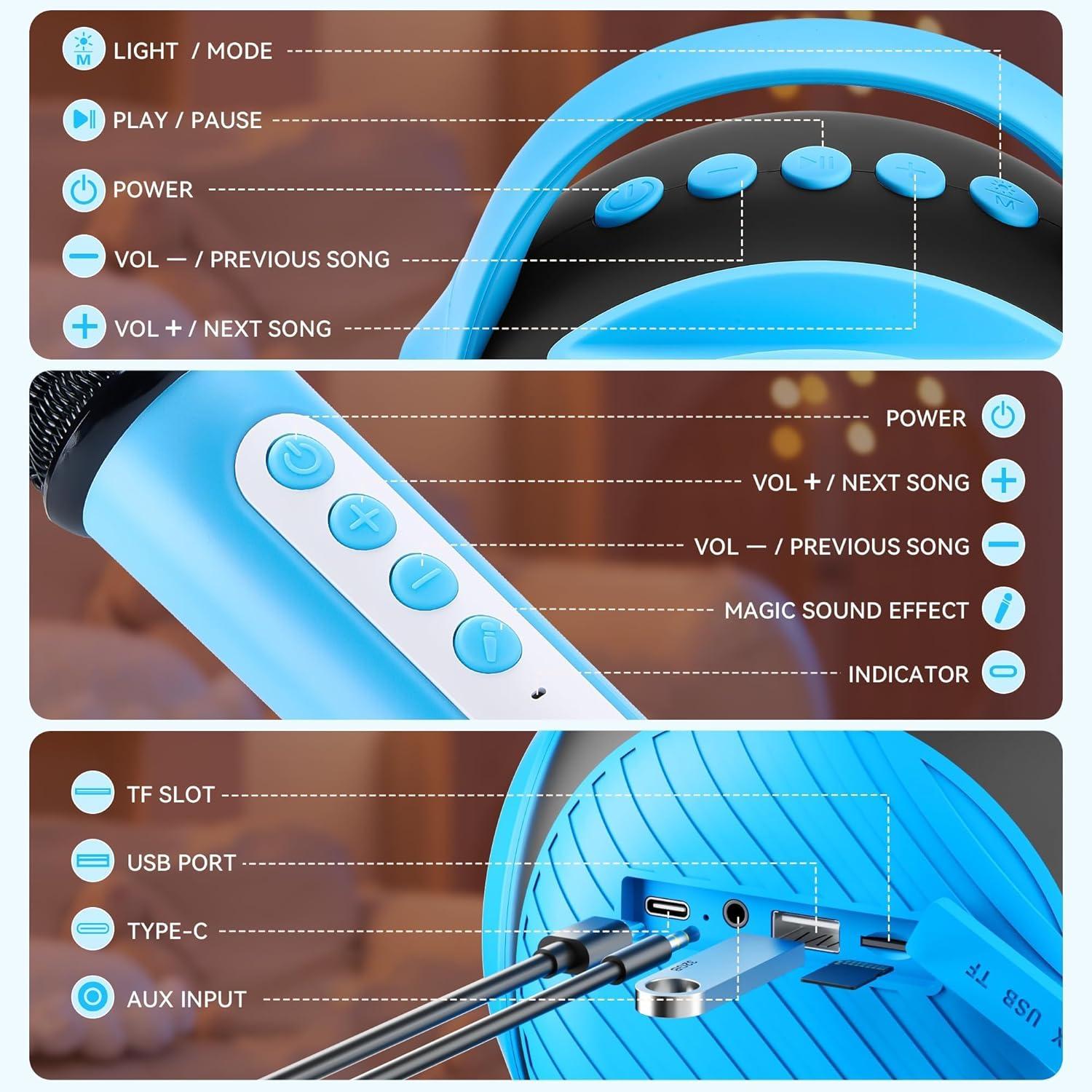 imageAll Rounder Karaoke Machine for Kids Teens Portable Bluetooth Karaoke Speaker with Two Mics Voice Changer Light Effect Bass Tremolo Supports USBTFAUX for Home Party Gifts Toys for Girls BlueBlue