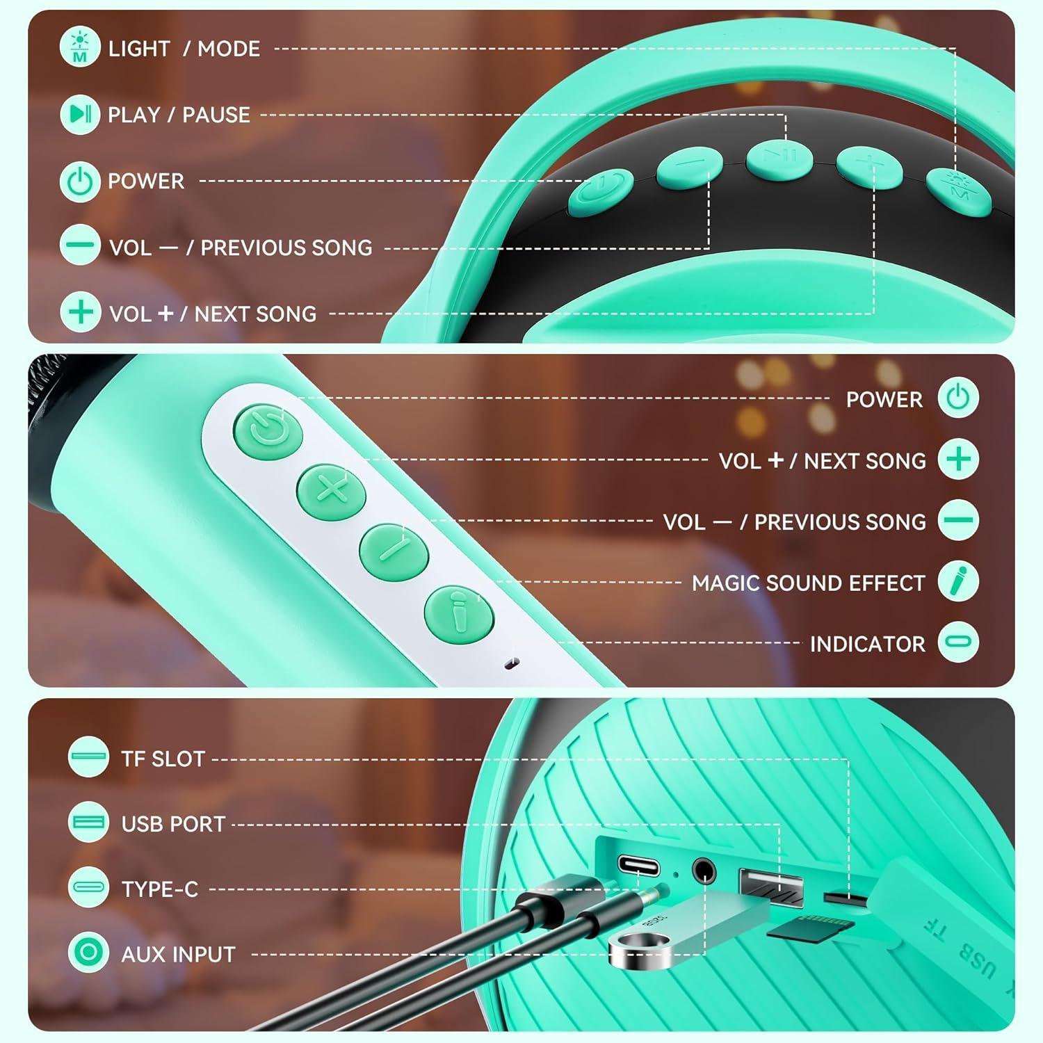 imageAll Rounder Karaoke Machine for Kids Teens Portable Bluetooth Karaoke Speaker with Two Mics Voice Changer Light Effect Bass Tremolo Supports USBTFAUX for Home Party Gifts Toys for Girls BlueGreen