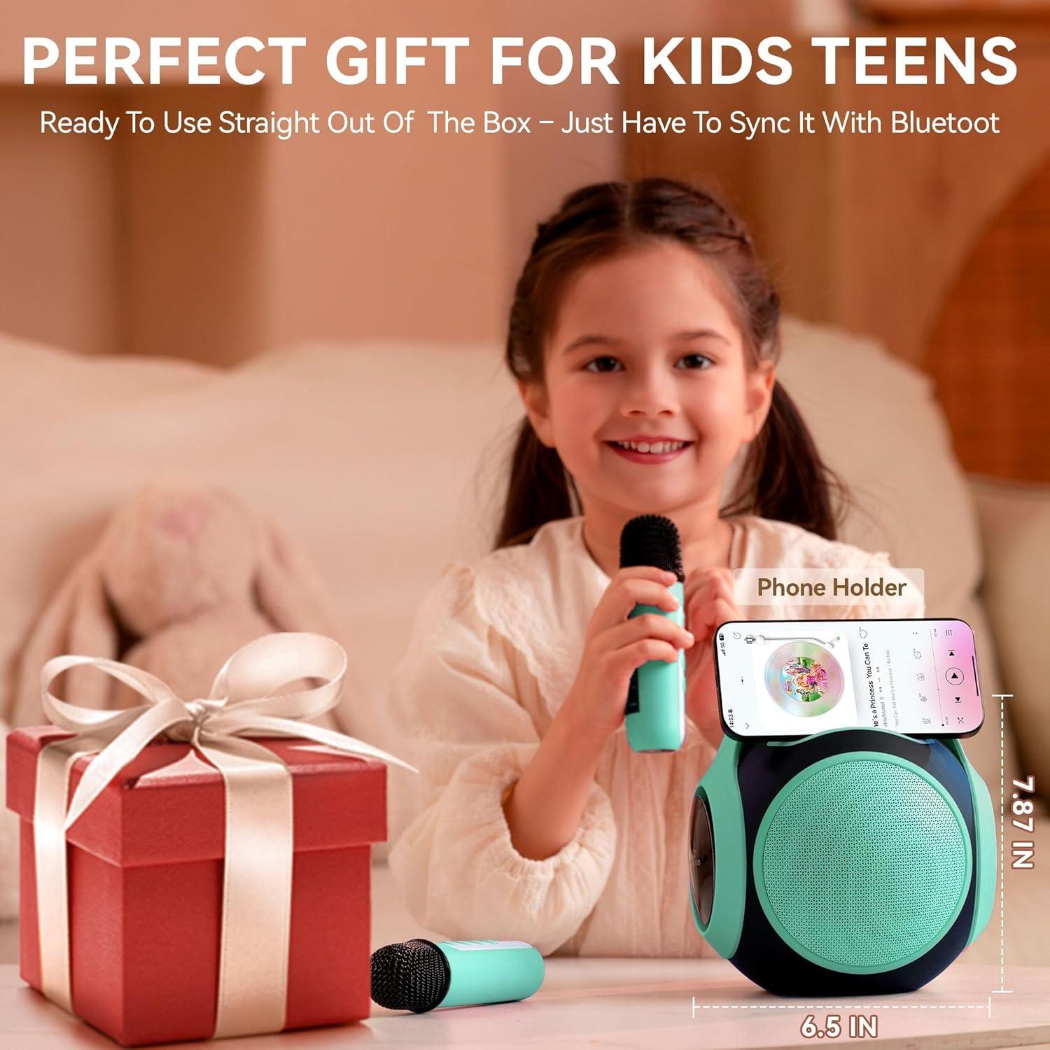imageAll Rounder Karaoke Machine for Kids Teens Portable Bluetooth Karaoke Speaker with Two Mics Voice Changer Light Effect Bass Tremolo Supports USBTFAUX for Home Party Gifts Toys for Girls BlueGreen