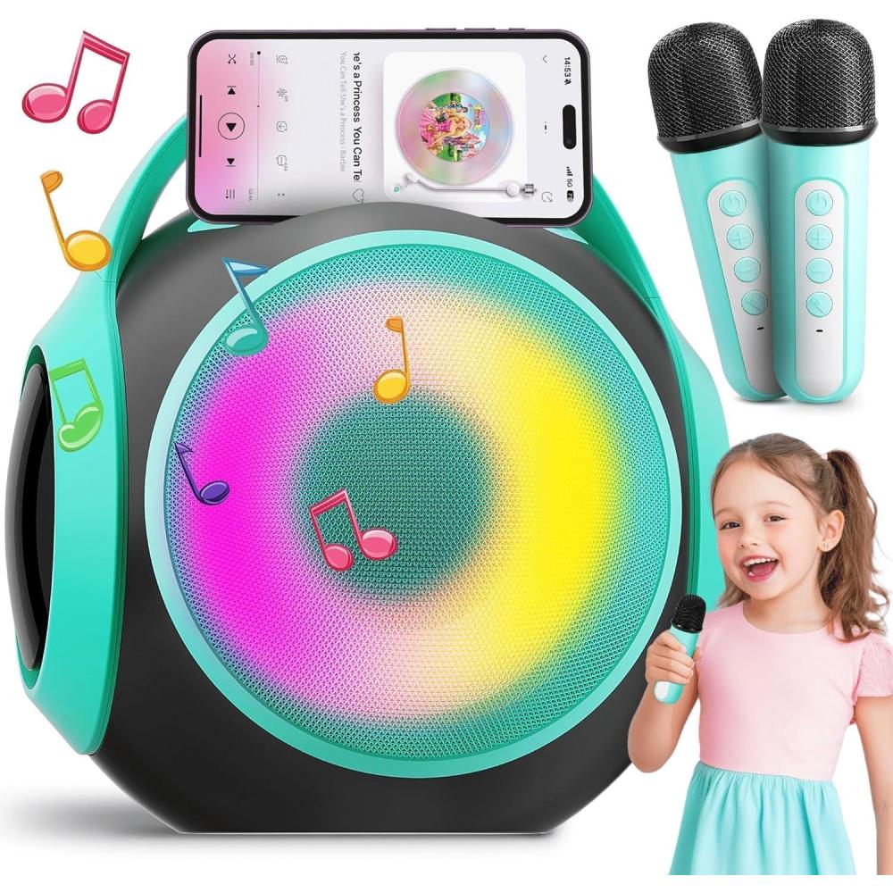 imageAll Rounder Karaoke Machine for Kids Teens Portable Bluetooth Karaoke Speaker with Two Mics Voice Changer Light Effect Bass Tremolo Supports USBTFAUX for Home Party Gifts Toys for Girls BlueGreen